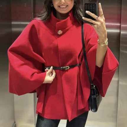 Women's Elegant Stand Collar Blend Poncho Cape Jacket with Belt