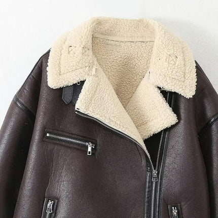 Women's Faux Shearing Moto Jacket Thick Lined Winter Shearling Coat Faux Leather Jacket
