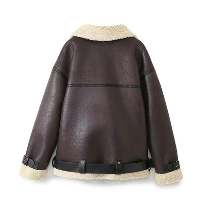 Women's Faux Shearing Moto Jacket Thick Lined Winter Shearling Coat Faux Leather Jacket
