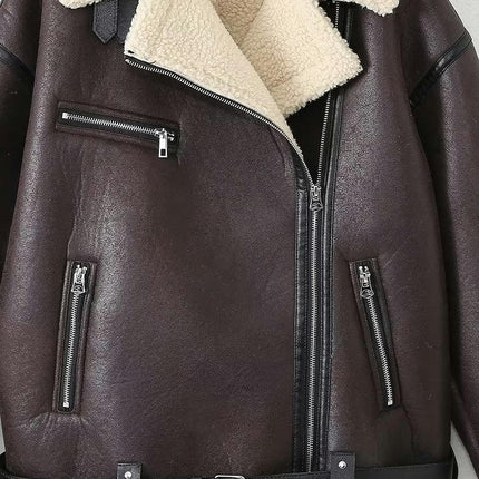 Women's Faux Shearing Moto Jacket Thick Lined Winter Shearling Coat Faux Leather Jacket