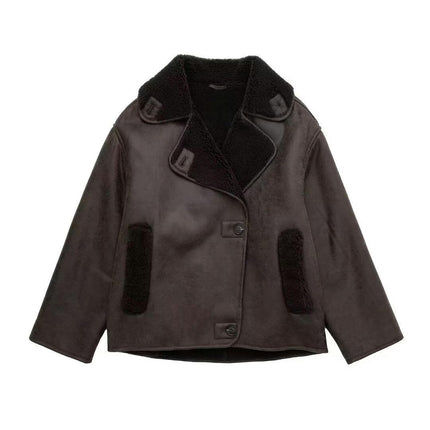 Women's Faux Shearing Jacket Sherpa-Lined Coat Winter Faux Leather Outerwear
