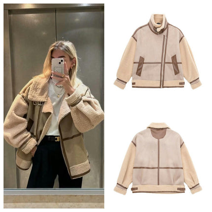 Women's Faux Shearing Fur Lined Faux Leather Jacket Warm Thick Winter Coat