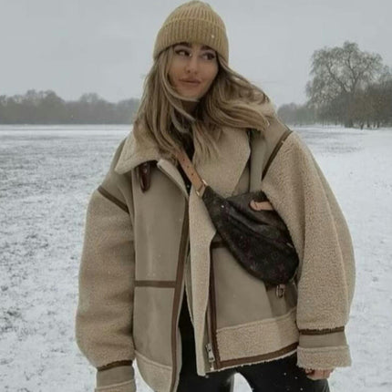 Women's Faux Shearing Fur Lined Faux Leather Jacket Warm Thick Winter Coat