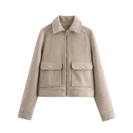 Women's Blend Copped Coat Turn-Down Zip Up Bomber Jacket Outerwear with Pockets