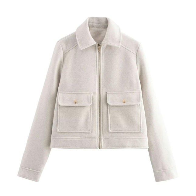 Women's Blend Copped Coat Turn-Down Zip Up Bomber Jacket Outerwear with Pockets