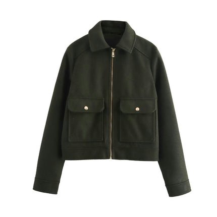 Women's Blend Copped Coat Turn-Down Zip Up Bomber Jacket Outerwear with Pockets