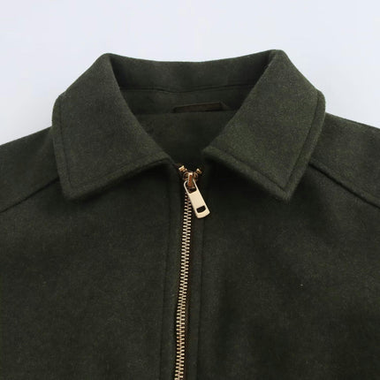Women's Blend Copped Coat Turn-Down Zip Up Bomber Jacket Outerwear with Pockets