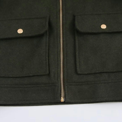 Women's Blend Copped Coat Turn-Down Zip Up Bomber Jacket Outerwear with Pockets
