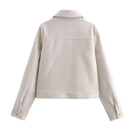 Women's Blend Copped Coat Turn-Down Zip Up Bomber Jacket Outerwear with Pockets