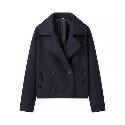 Women's Double-Breasted Notched Lapel Collar Cropped Coat Long Sleeve Blend Jacket