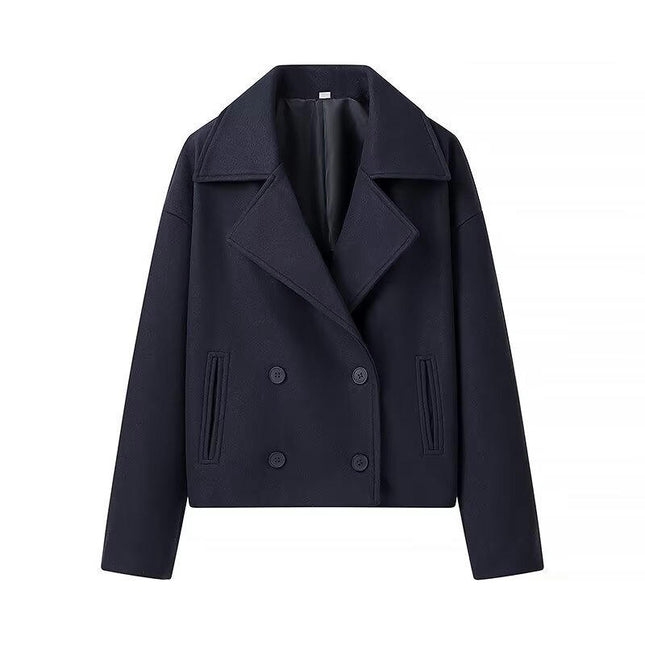 Women's Double-Breasted Notched Lapel Collar Cropped Coat Long Sleeve Blend Jacket