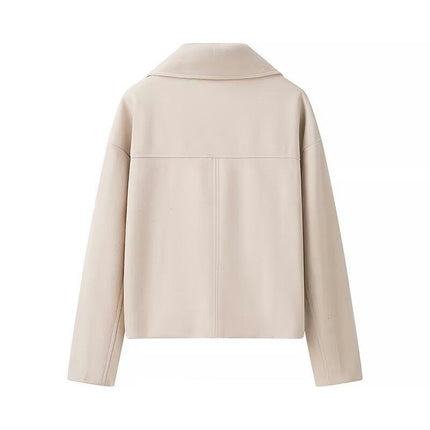 Women's Double-Breasted Notched Lapel Collar Cropped Coat Long Sleeve Blend Jacket