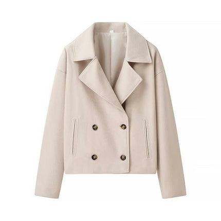 Women's Double-Breasted Notched Lapel Collar Cropped Coat Long Sleeve Blend Jacket