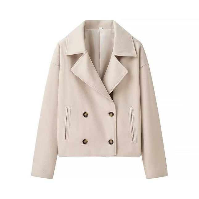 Women's Double-Breasted Notched Lapel Collar Cropped Coat Long Sleeve Blend Jacket