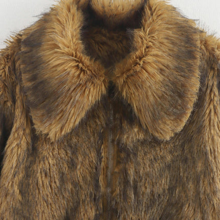 Women's Cropped Faux Fur Jackets Long Sleeve Lapel Zip Up Soft Shaggy Coats Warm Outwear