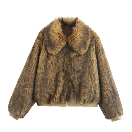 Women's Cropped Faux Fur Jackets Long Sleeve Lapel Zip Up Soft Shaggy Coats Warm Outwear