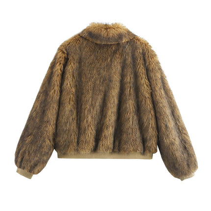 Women's Cropped Faux Fur Jackets Long Sleeve Lapel Zip Up Soft Shaggy Coats Warm Outwear