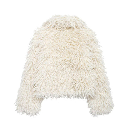Womens Cropped Faux Fur Jacket Shaggy Lapel Winter Coats Fuzzy Warm Outerwear