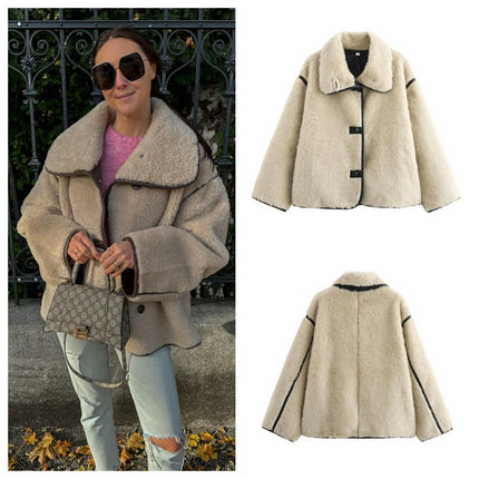 Womens Faux Fur Jackets Warm Winter Casual Button Down Coat Lapel Long Sleeve Shaggy Outwear