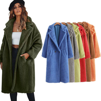 Womens Fuzzy Fleece Button Down Long Coats Lapel Jackets Winter Warm Casual Outwear