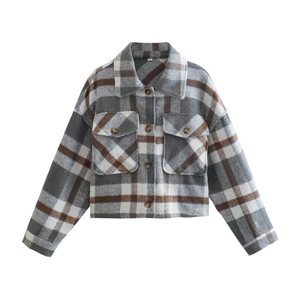 Womens Flannels Cropped Shacket Plaid Jacket Long Sleeve Button Down Coat with Pockets