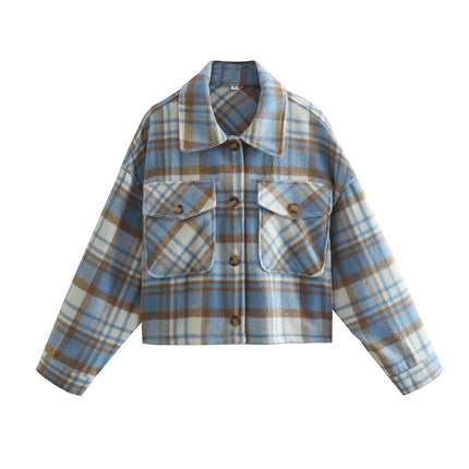 Womens Flannels Cropped Shacket Plaid Jacket Long Sleeve Button Down Coat with Pockets