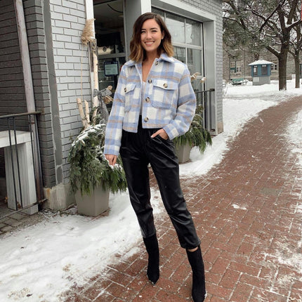 Womens Flannels Cropped Shacket Plaid Jacket Long Sleeve Button Down Coat with Pockets