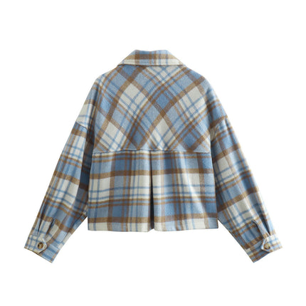 Womens Flannels Cropped Shacket Plaid Jacket Long Sleeve Button Down Coat with Pockets