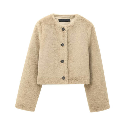 Women Winter Warm Fluffy Faux Fur Short Coat Button Down Jacket Outwear