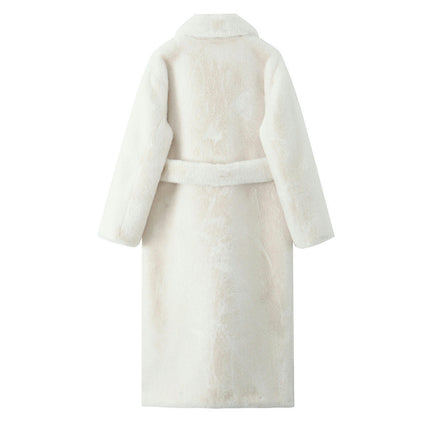 Women's Faux Fur Coat Fleece Lapel Open Front Long Coat Warm Winter Outwear Jackets with Belt