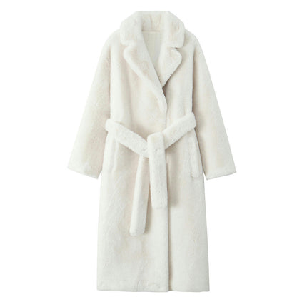 Women's Faux Fur Coat Fleece Lapel Open Front Long Coat Warm Winter Outwear Jackets with Belt