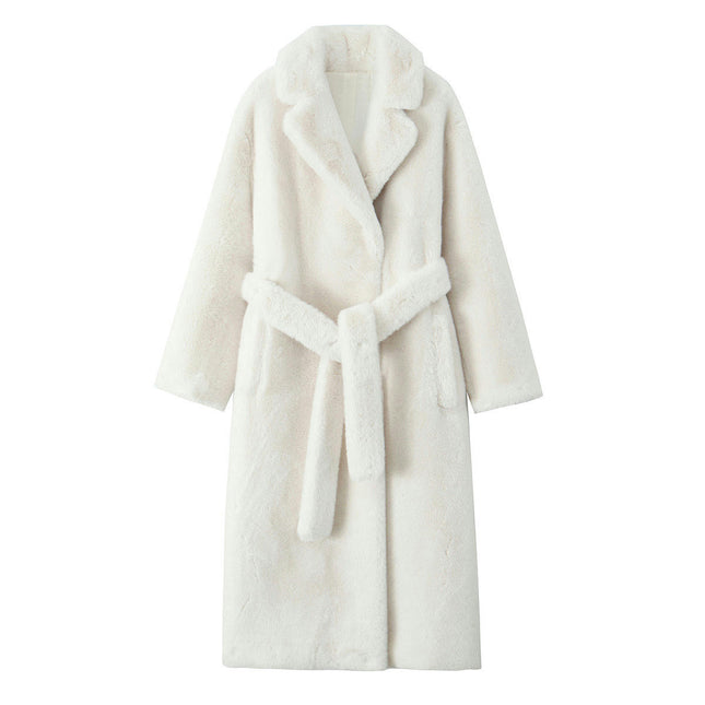 Women's Faux Fur Coat Fleece Lapel Open Front Long Coat Warm Winter Outwear Jackets with Belt