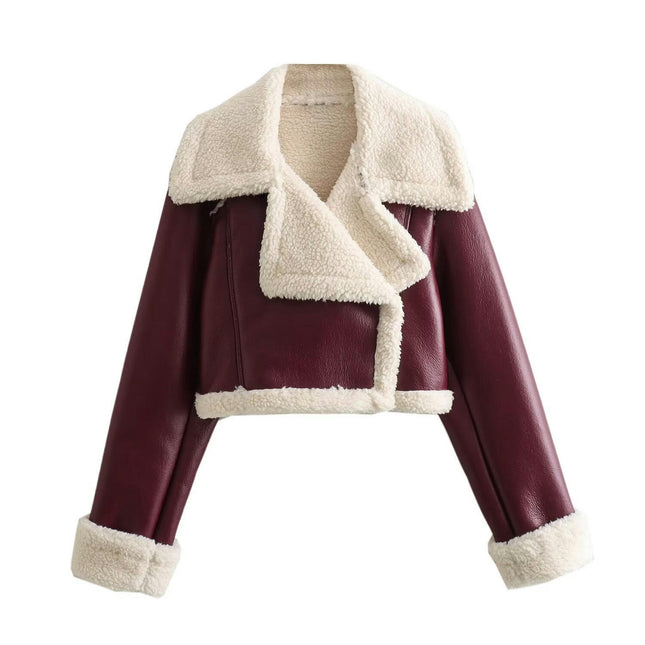 Faux Leather Jacket for Women Cropped Sherpa Lined Faux Shearing Warm Coat Outwear