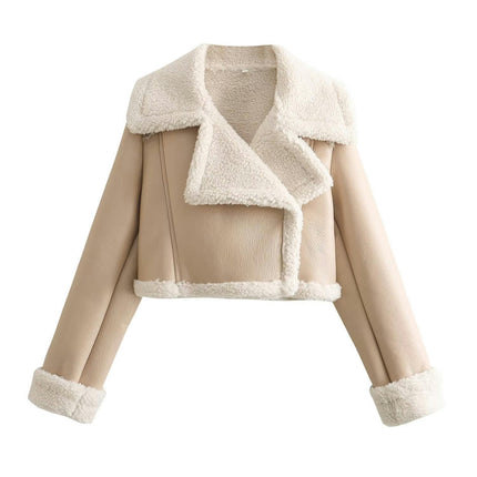 Faux Leather Jacket for Women Cropped Sherpa Lined Faux Shearing Warm Coat Outwear