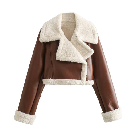 Faux Leather Jacket for Women Cropped Sherpa Lined Faux Shearing Warm Coat Outwear