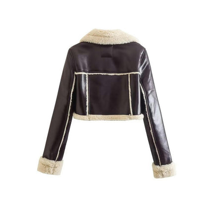 Faux Leather Jacket for Women Cropped Sherpa Lined Faux Shearing Warm Coat Outwear