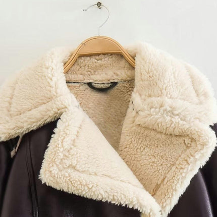 Faux Leather Jacket for Women Cropped Sherpa Lined Faux Shearing Warm Coat Outwear