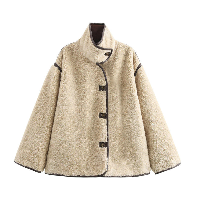 Women's Long Sleeve Coat Stand Collar Button Down Warm Fuzzy Fleece Jacket Winter Outwear