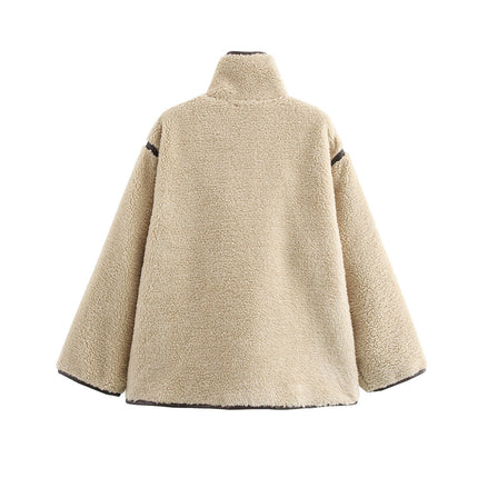 Women's Long Sleeve Coat Stand Collar Button Down Warm Fuzzy Fleece Jacket Winter Outwear