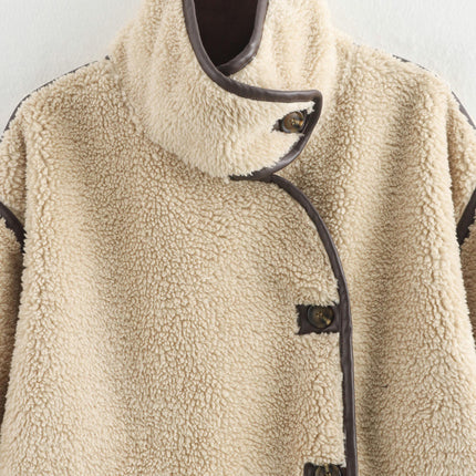 Women's Long Sleeve Coat Stand Collar Button Down Warm Fuzzy Fleece Jacket Winter Outwear