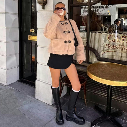 Women's Button Down Sherpa Fleece Jacket Long Sleeve Outwear Coat with Pockets