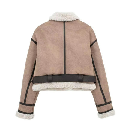 Women's Faux Shearing Fur Lined Jacket Cropped Faux Leather Zip Up Coat Outerwear