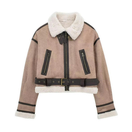 Women's Faux Shearing Fur Lined Jacket Cropped Faux Leather Zip Up Coat Outerwear