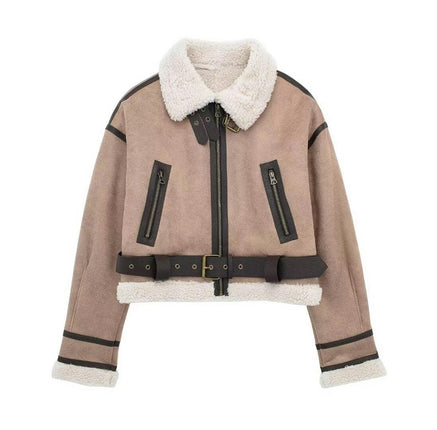 Women's Faux Shearing Fur Lined Jacket Cropped Faux Leather Zip Up Coat Outerwear