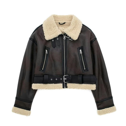 Women's Faux Shearing Fur Lined Jacket Cropped Faux Leather Zip Up Coat Outerwear