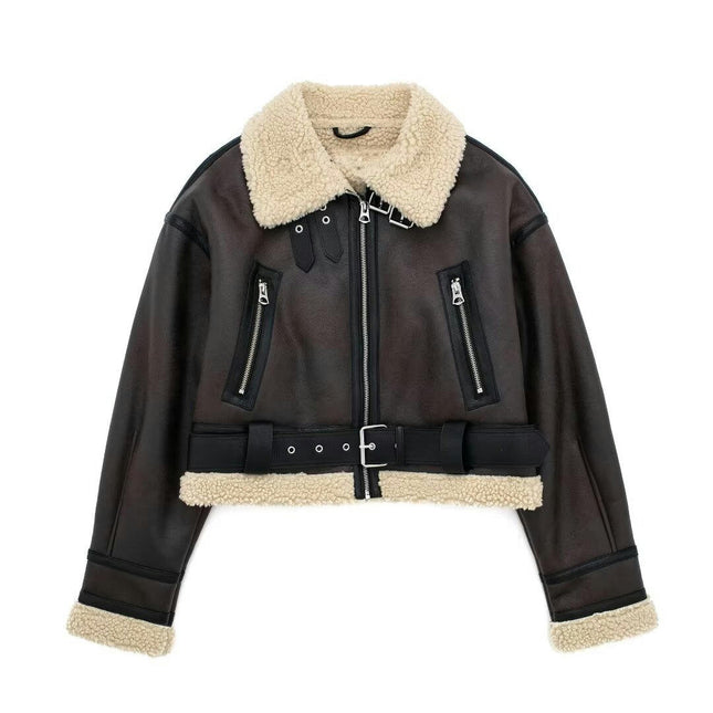 Women's Faux Shearing Fur Lined Jacket Cropped Faux Leather Zip Up Coat Outerwear