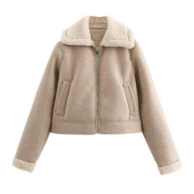 Women Winter Short Faux Shearing Fur Lined Jacket Turn-Down Zip Up Coat