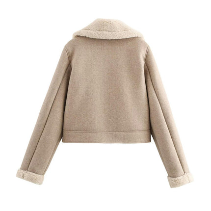 Women Winter Short Faux Shearing Fur Lined Jacket Turn-Down Zip Up Coat