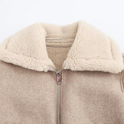 Women Winter Short Faux Shearing Fur Lined Jacket Turn-Down Zip Up Coat