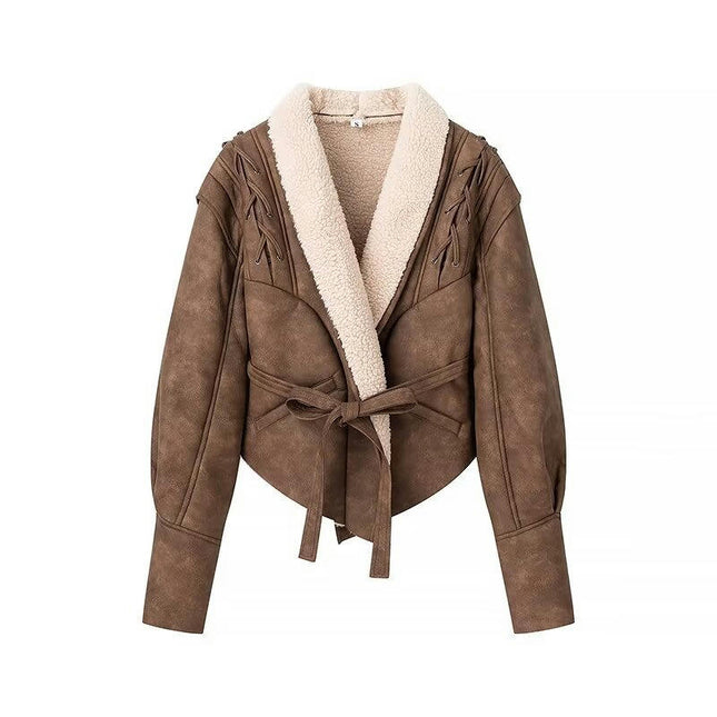 Women's Faux Shearing Fur Lined Jacket Open Front Faux Leather Cropped Coat with Belt